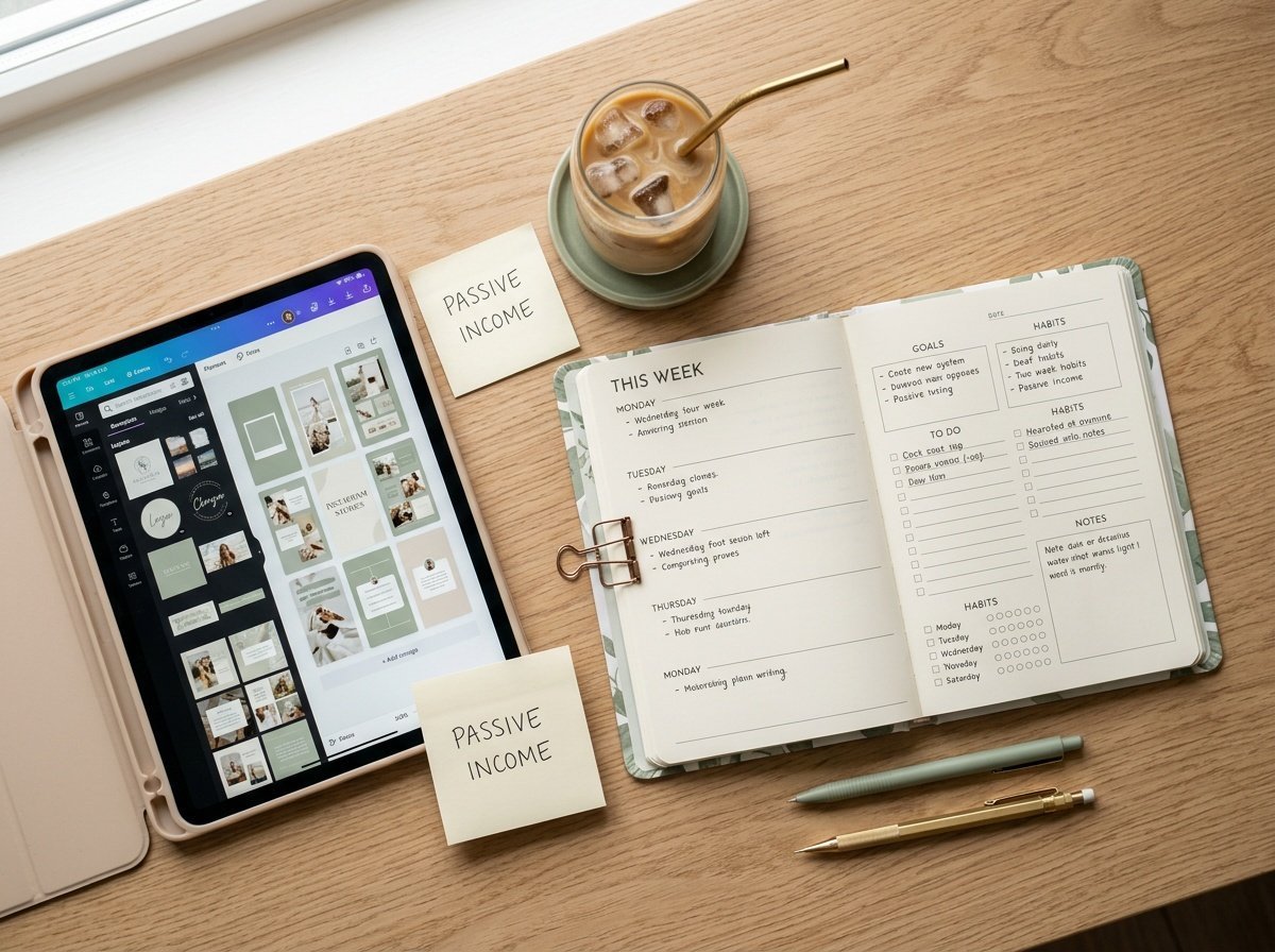 Flat lay of digital planner printables and Canva template design on iPad