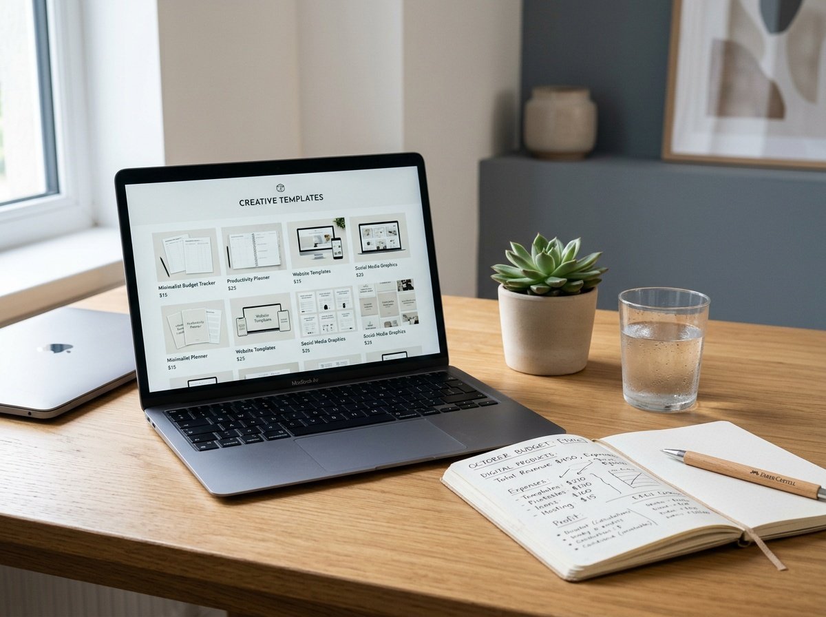 Laptop showing digital product storefront with templates and printables listings