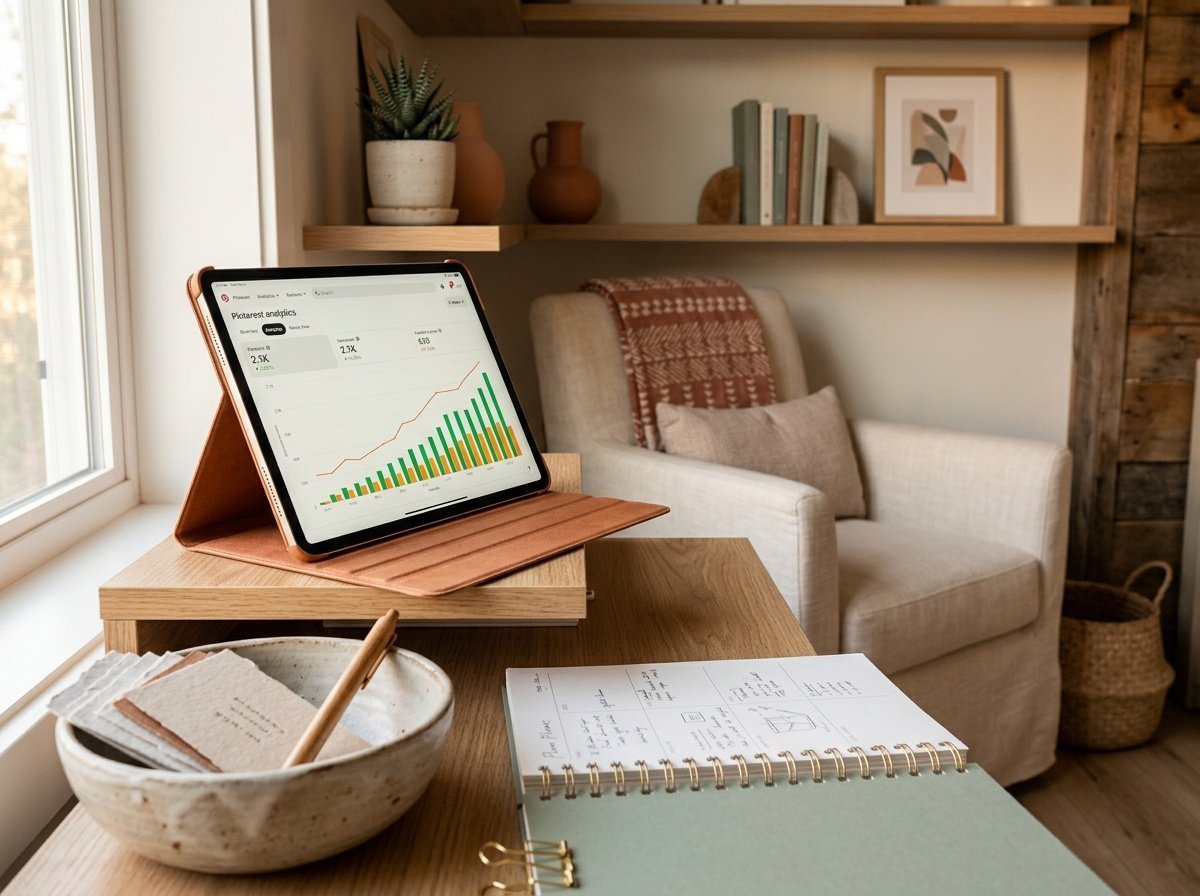 Home office setup with Pinterest analytics dashboard for digital product marketing