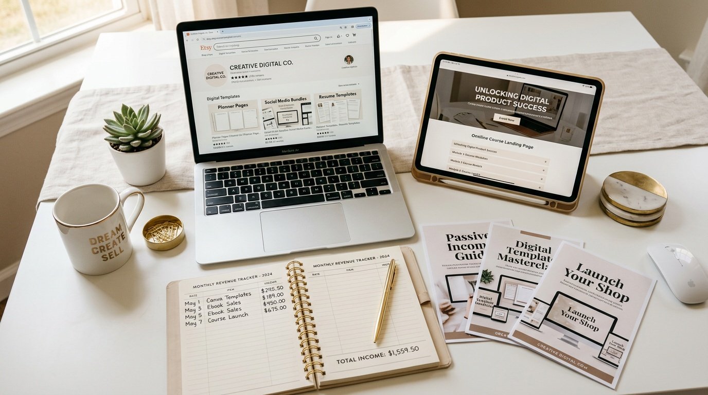 Laptop showing Etsy digital templates shop alongside a tablet with an online course and a notebook tracking monthly revenue from digital product sales