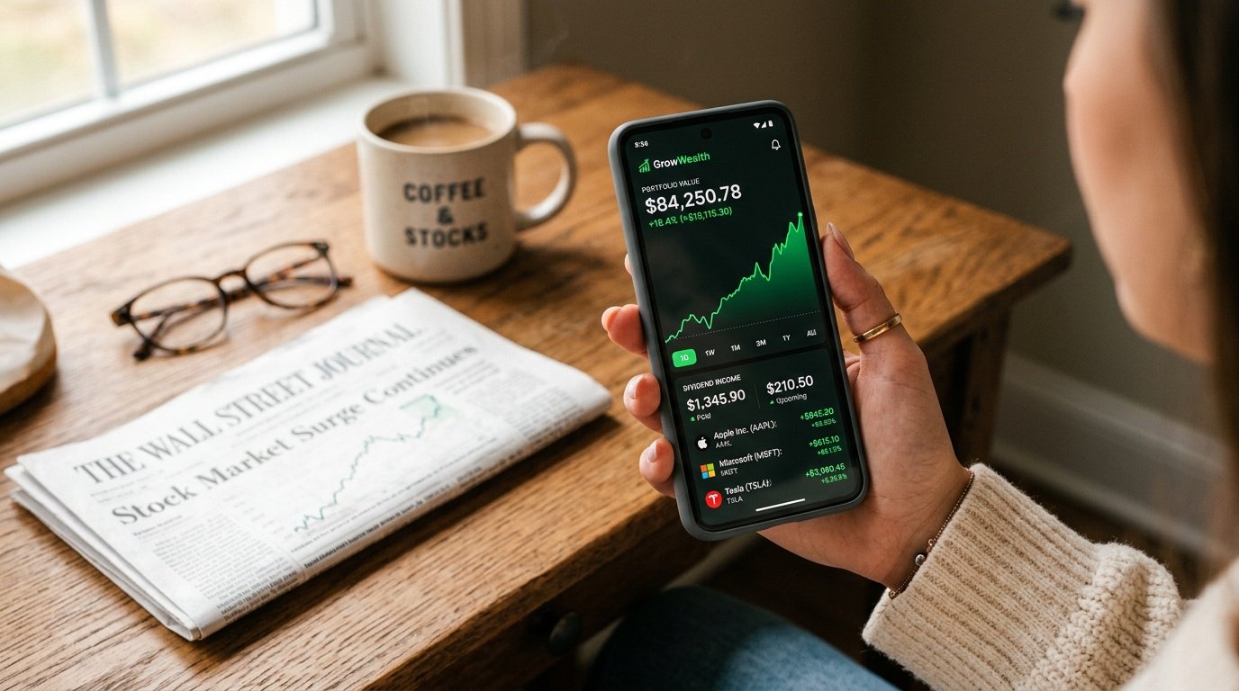 Person holding smartphone showing investment portfolio with dividend income of $1,345 and upward trending chart, Wall Street Journal newspaper in background