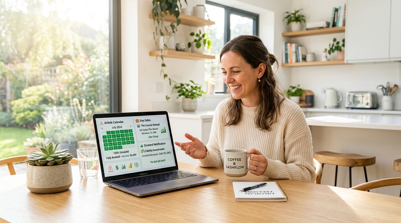Woman reviewing multiple passive income streams on laptop showing Airbnb bookings, Etsy sales, and dividend notifications, holding a coffee mug that reads Coffee and Cashflow
