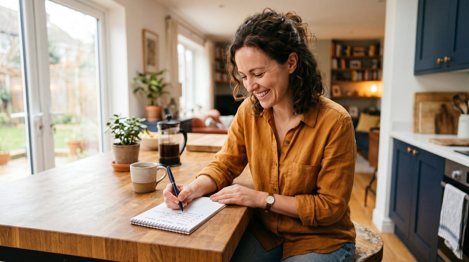 A relaxed person smiling while crossing the final debt off a handwritten list, representing the relief of finishing the snowball