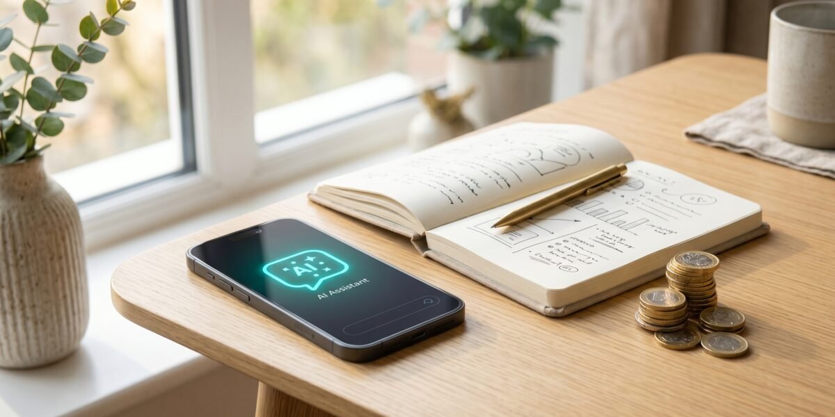 Smartphone showing a glowing AI chat bubble icon beside a notebook and coins, making money with AI