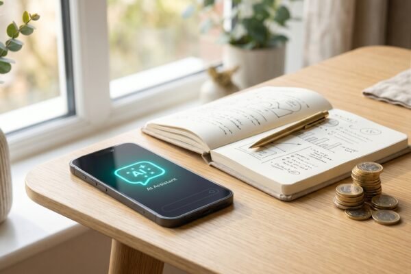 Smartphone showing a glowing AI chat bubble icon beside a notebook and coins, making money with AI