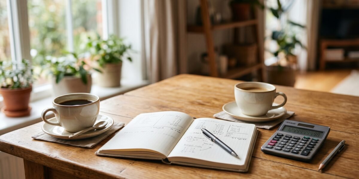 Two coffee cups beside a shared notebook and a calculator, a couple budgeting together
