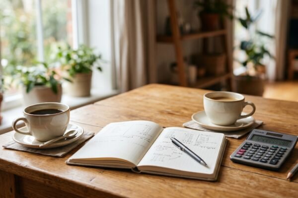 Two coffee cups beside a shared notebook and a calculator, a couple budgeting together