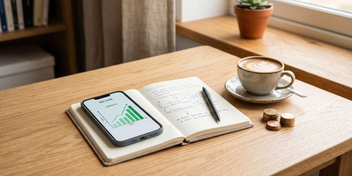 Smartphone showing a rising income graph beside a notebook, coffee and a stack of coins on a desk