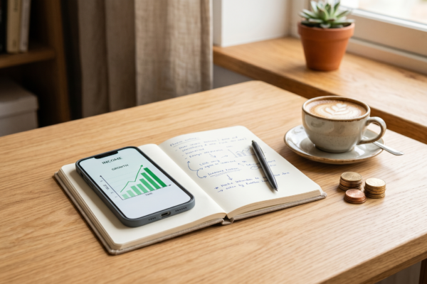 Smartphone showing a rising income graph beside a notebook, coffee and a stack of coins on a desk