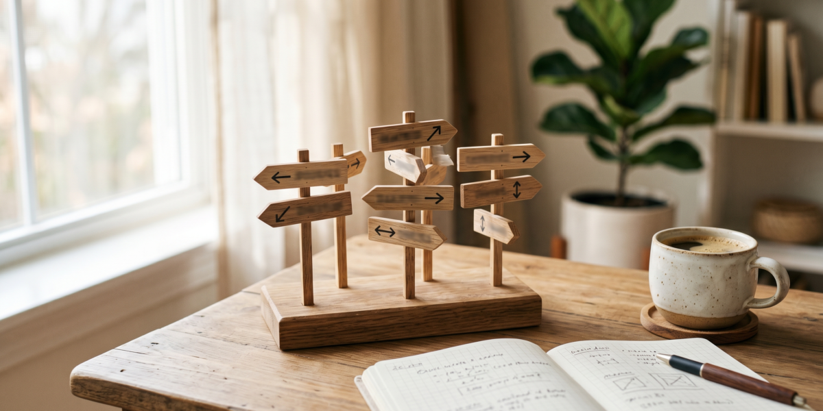 Wooden signposts pointing in different directions beside a notebook and coffee, comparing blogging platforms