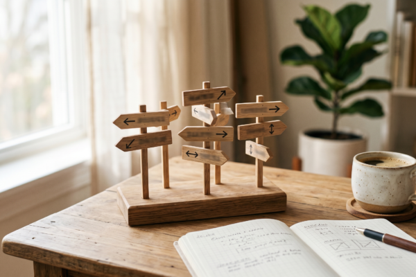 Wooden signposts pointing in different directions beside a notebook and coffee, comparing blogging platforms