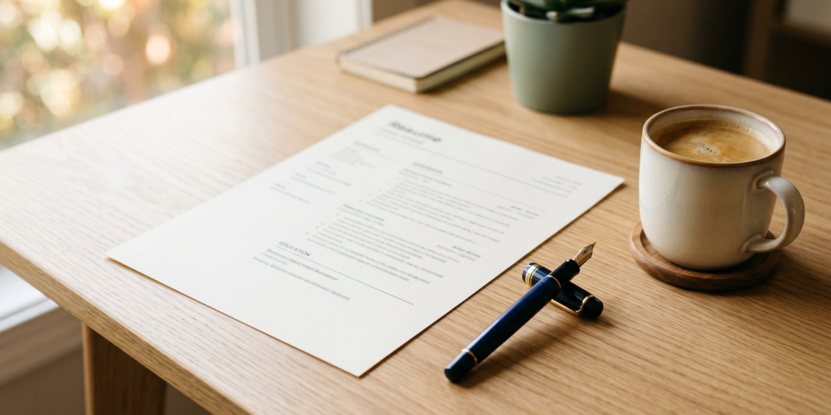 A printed resume with a fountain pen and coffee on a clean desk, resume writing as a side hustle