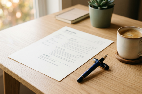 A printed resume with a fountain pen and coffee on a clean desk, resume writing as a side hustle