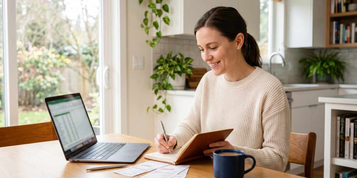 A calm woman reviewing her bills and making a plan to get out of debt at her kitchen table