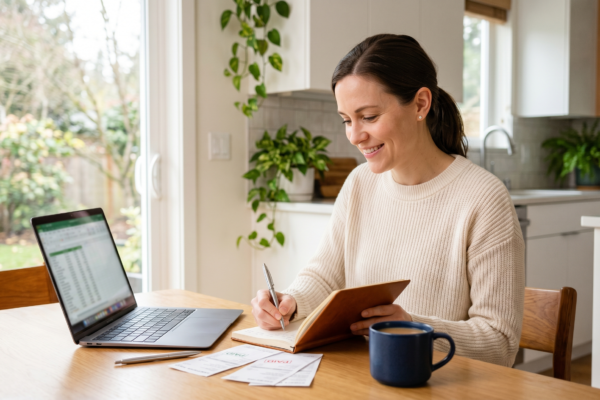 A calm woman reviewing her bills and making a plan to get out of debt at her kitchen table