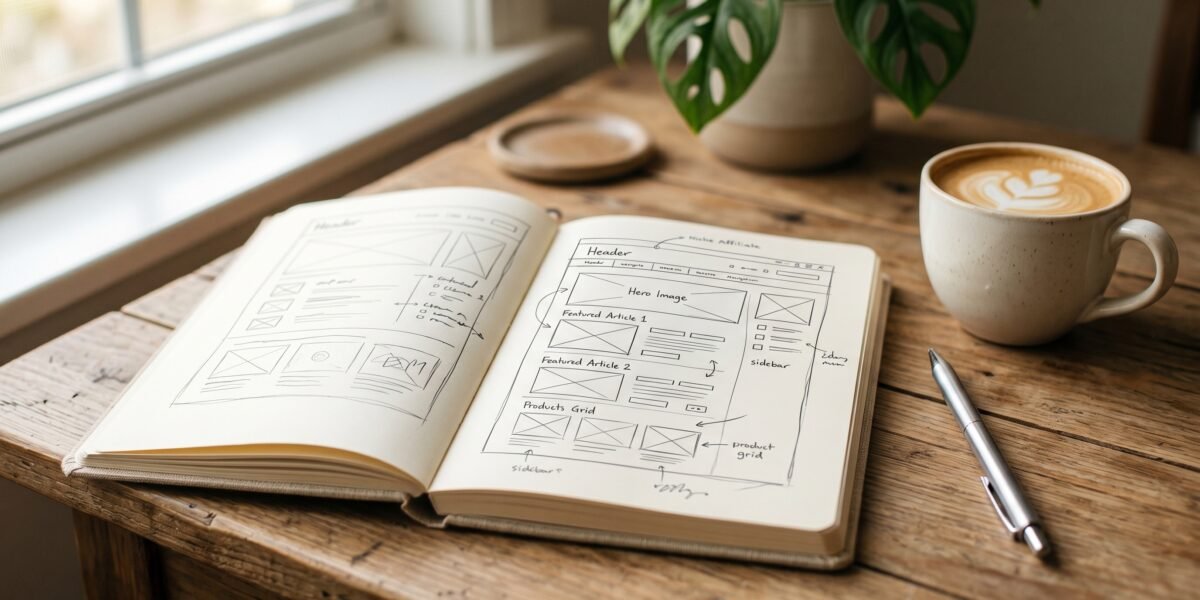 Open notebook with a hand-drawn website wireframe sketch beside coffee and a pen, planning a niche website