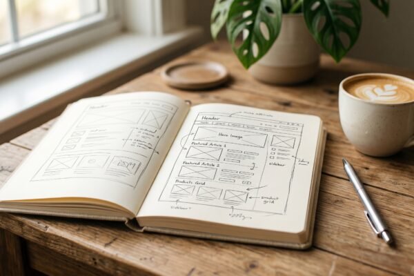 Open notebook with a hand-drawn website wireframe sketch beside coffee and a pen, planning a niche website