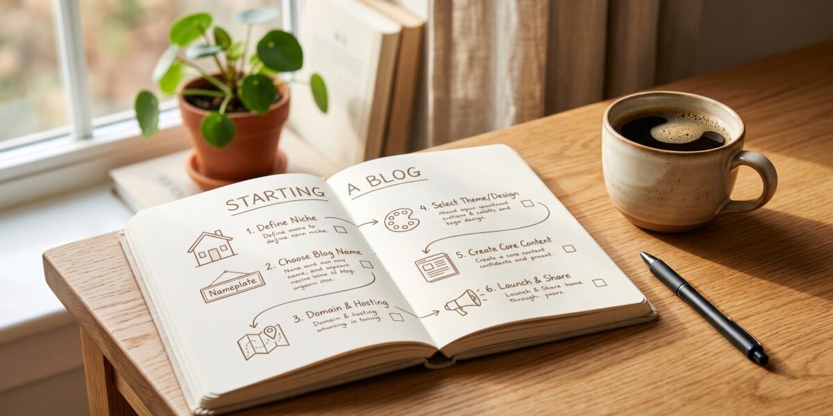 Open notebook with a hand-drawn step-by-step roadmap and checkboxes beside coffee and a pen