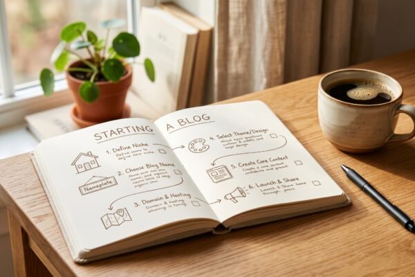Open notebook with a hand-drawn step-by-step roadmap and checkboxes beside coffee and a pen