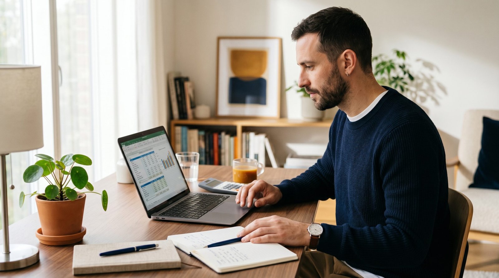 A person at a tidy desk reviewing a monthly budget on a laptop to free up extra money for debt payoff