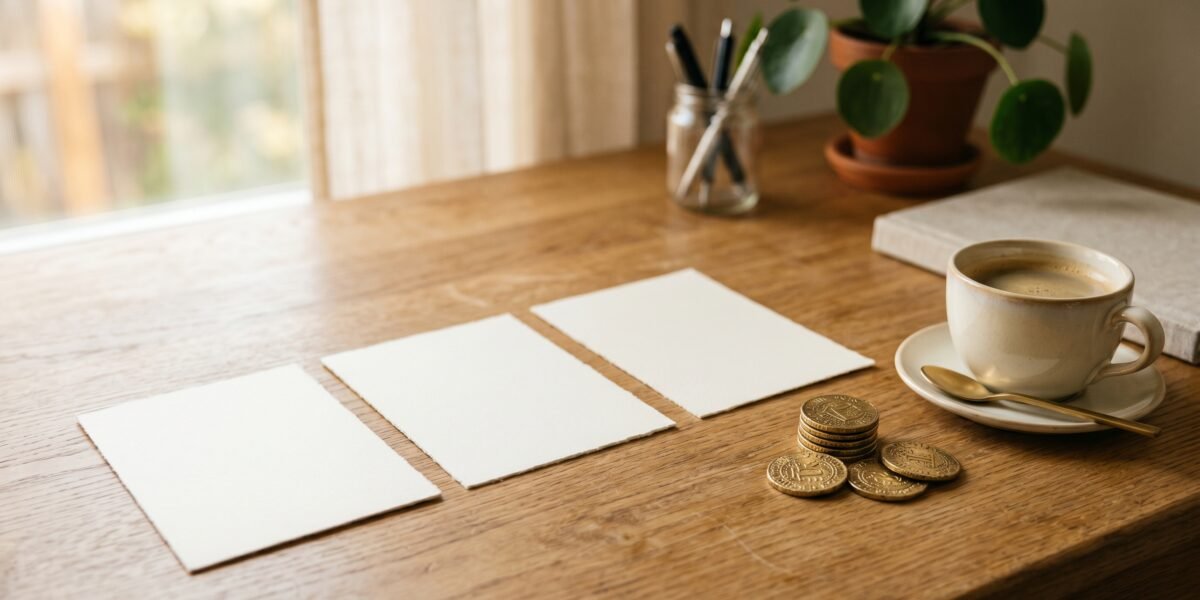 Blank cream cards laid in a row beside a stack of gold coins and coffee, choosing affiliate programs