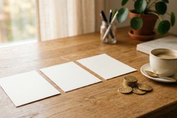Blank cream cards laid in a row beside a stack of gold coins and coffee, choosing affiliate programs