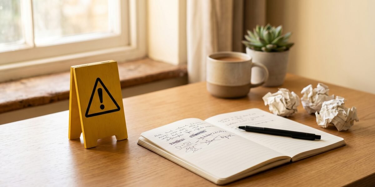 A yellow warning-triangle sign beside crumpled notes and a notebook, affiliate marketing mistakes to avoid