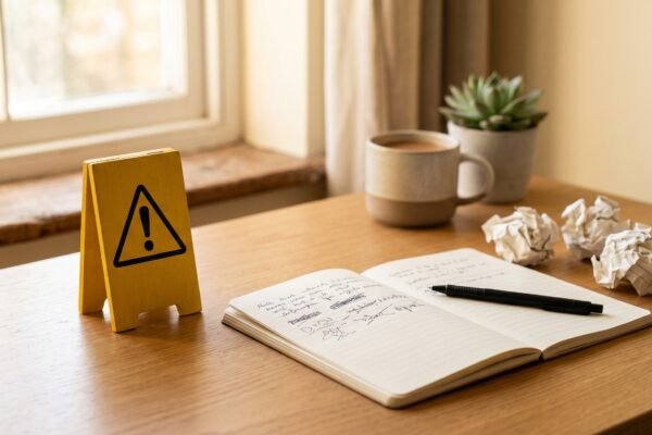 A yellow warning-triangle sign beside crumpled notes and a notebook, affiliate marketing mistakes to avoid