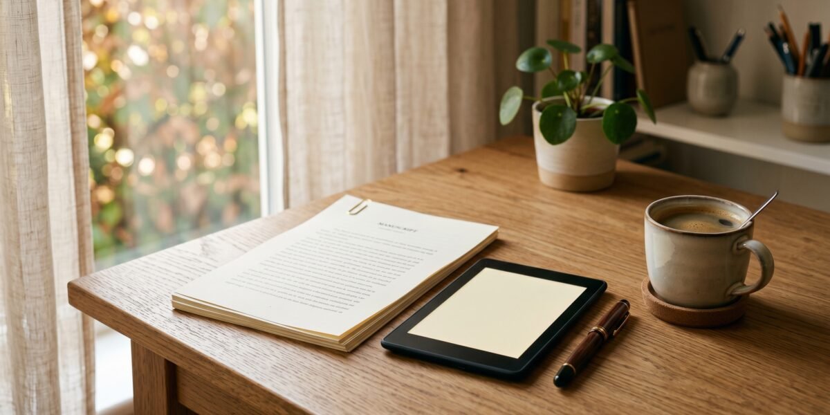 Stack of printed manuscript pages and an e-reader with a blank cover beside a pen and coffee, publishing an ebook