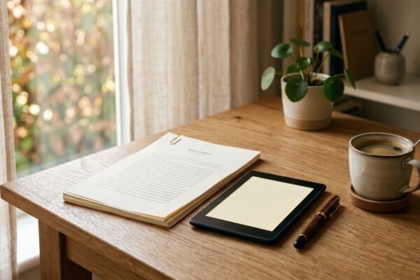 Stack of printed manuscript pages and an e-reader with a blank cover beside a pen and coffee, publishing an ebook