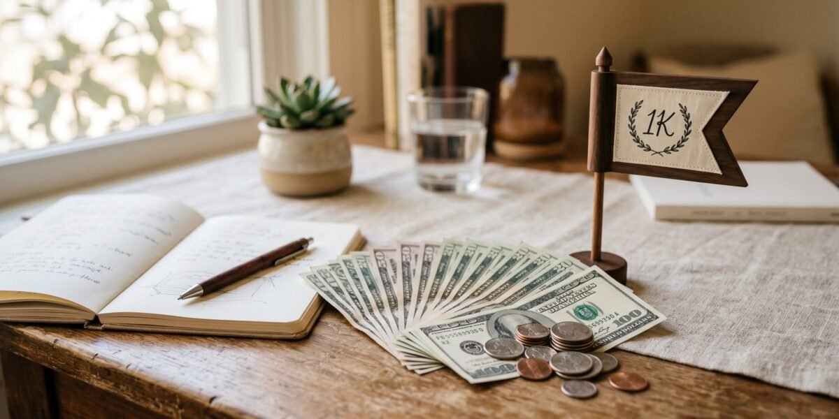 A fan of cash and coins beside a milestone flag and notebook on a desk, a freelancer's first $1,000
