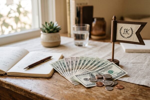 A fan of cash and coins beside a milestone flag and notebook on a desk, a freelancer's first $1,000