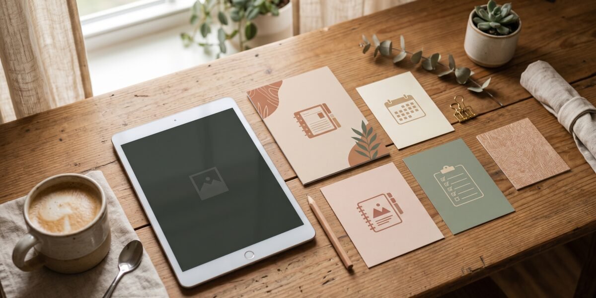 Flat-lay of cards representing digital templates and printables beside a tablet and coffee, digital products to sell