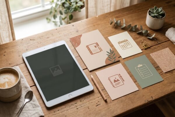 Flat-lay of cards representing digital templates and printables beside a tablet and coffee, digital products to sell