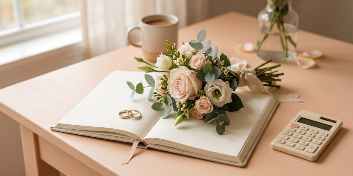 Wedding planning notebook with a bouquet, two rings and a calculator, budgeting for a wedding