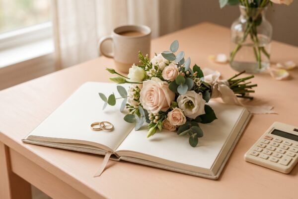 Wedding planning notebook with a bouquet, two rings and a calculator, budgeting for a wedding