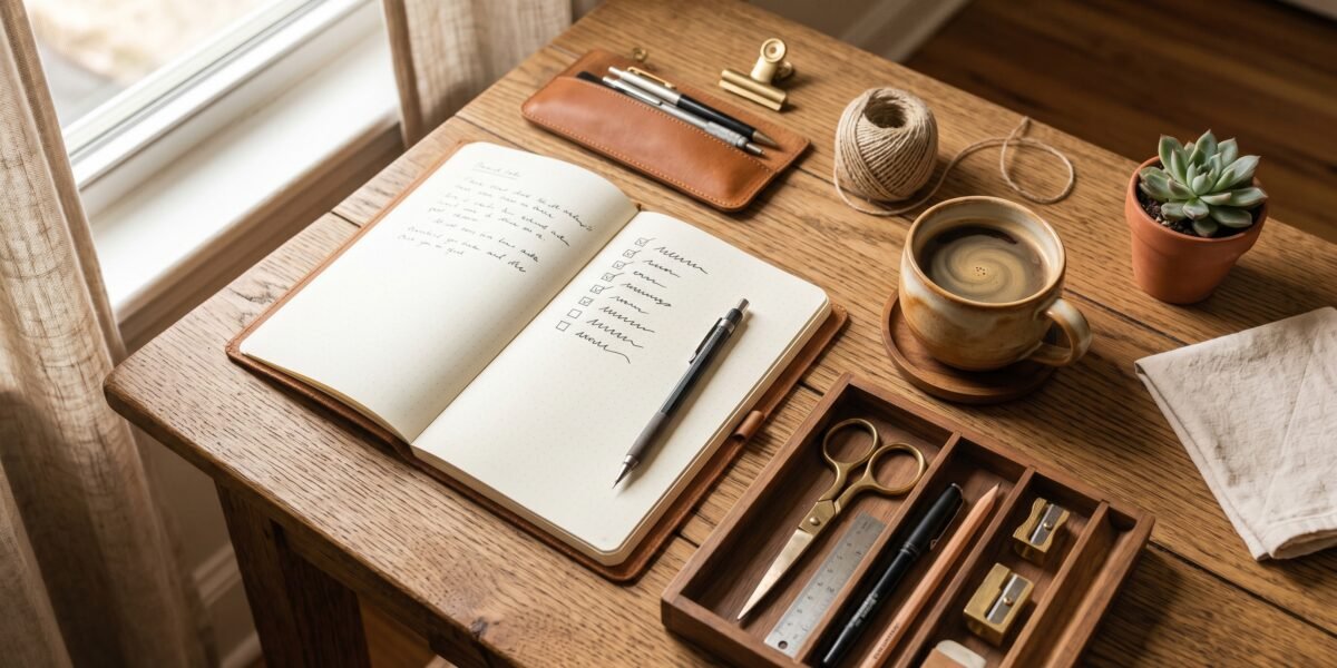 Tidy flat-lay of desk tools and an open notebook with a checklist, an affiliate marketing toolkit