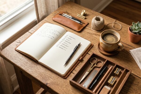 Tidy flat-lay of desk tools and an open notebook with a checklist, an affiliate marketing toolkit