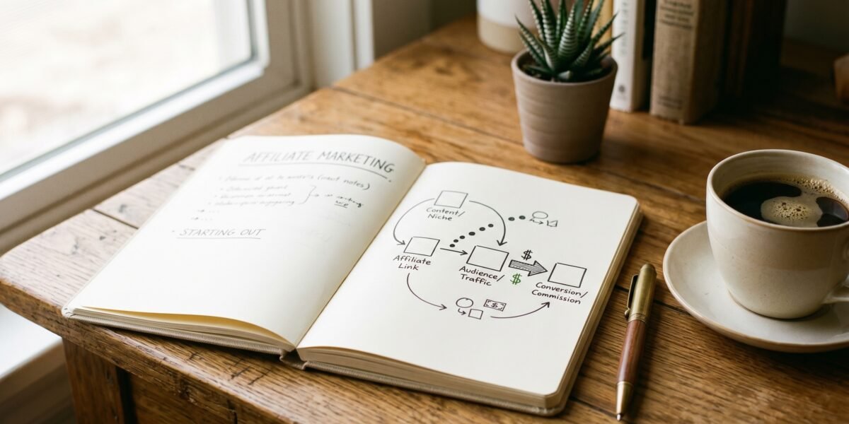 Open notebook with a hand-drawn affiliate flow diagram beside coffee and a pen, affiliate marketing for beginners