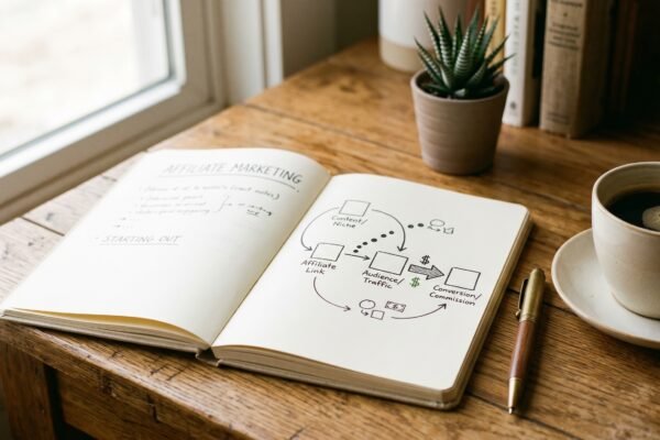 Open notebook with a hand-drawn affiliate flow diagram beside coffee and a pen, affiliate marketing for beginners