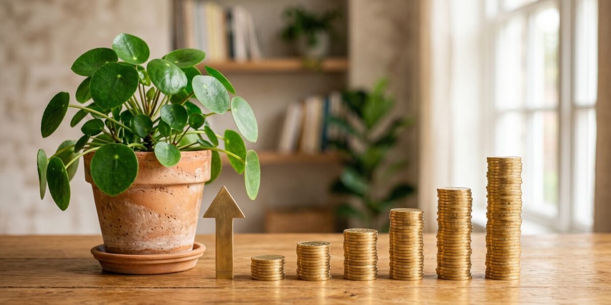 Ascending stacks of gold coins with an upward arrow and a potted plant, scaling an affiliate business
