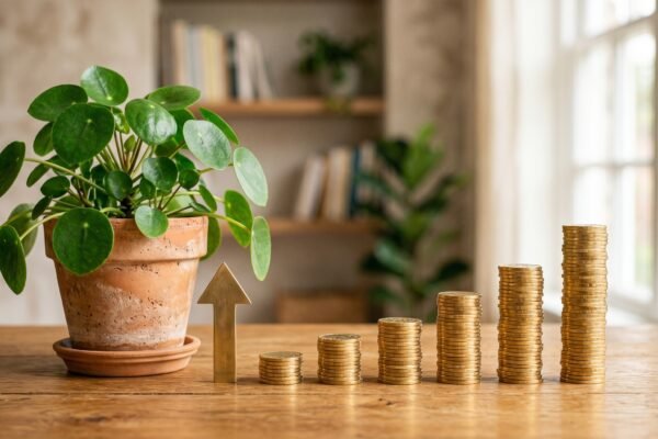 Ascending stacks of gold coins with an upward arrow and a potted plant, scaling an affiliate business