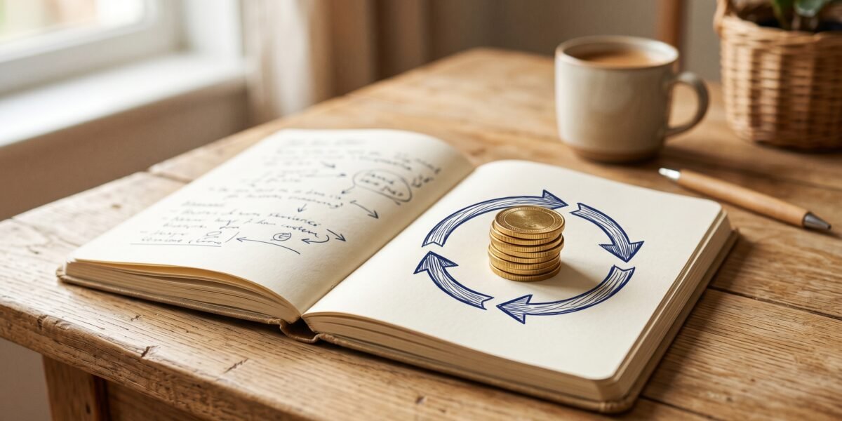 Open notebook with refresh and recycle arrows over a stack of coins, earning more from existing content
