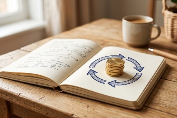 Open notebook with refresh and recycle arrows over a stack of coins, earning more from existing content