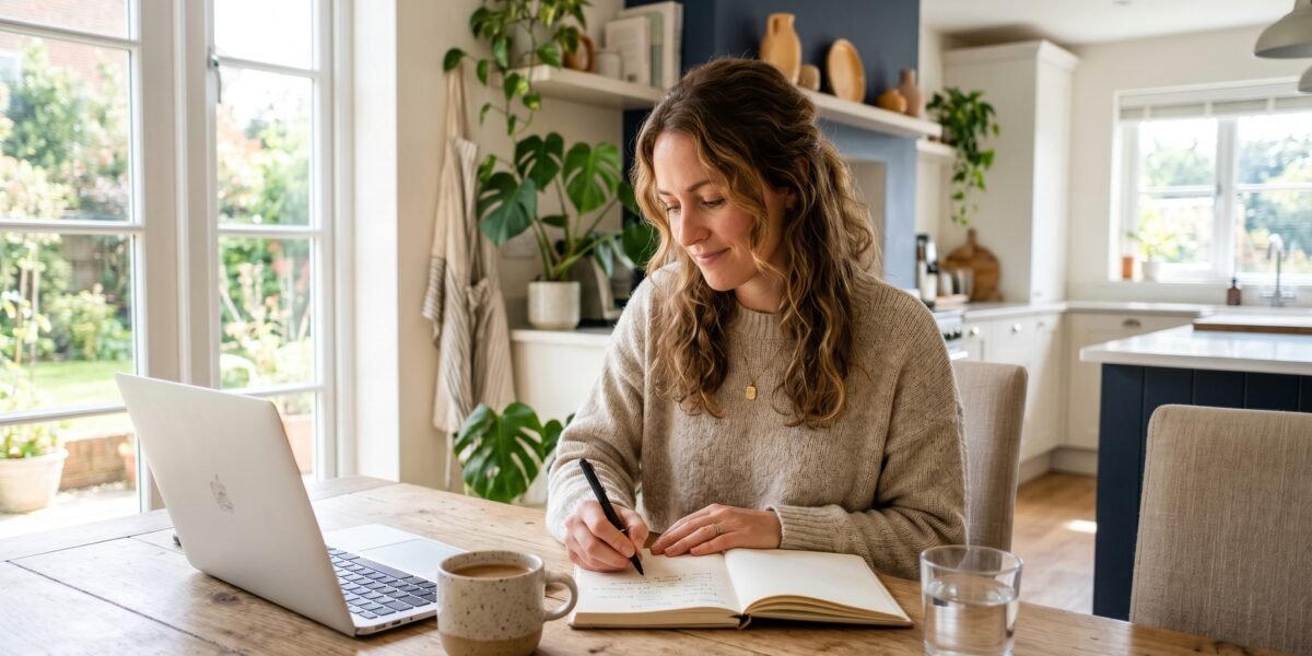A calm, hopeful woman writing out a list of her debts at a kitchen table to start the debt snowball method