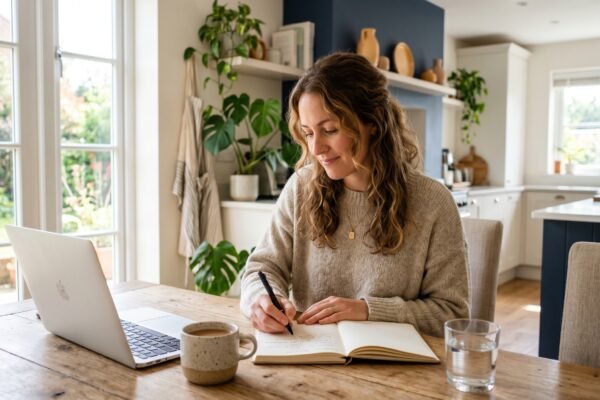 A calm, hopeful woman writing out a list of her debts at a kitchen table to start the debt snowball method