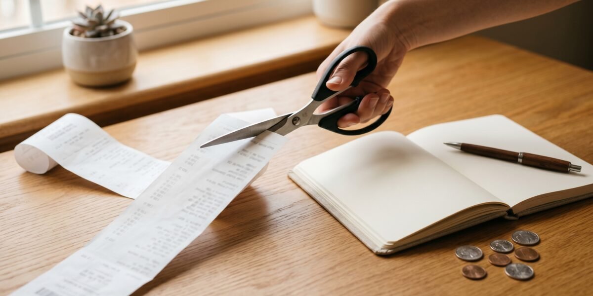 Scissors cutting through a long paper receipt beside a notebook and coins, cutting monthly expenses