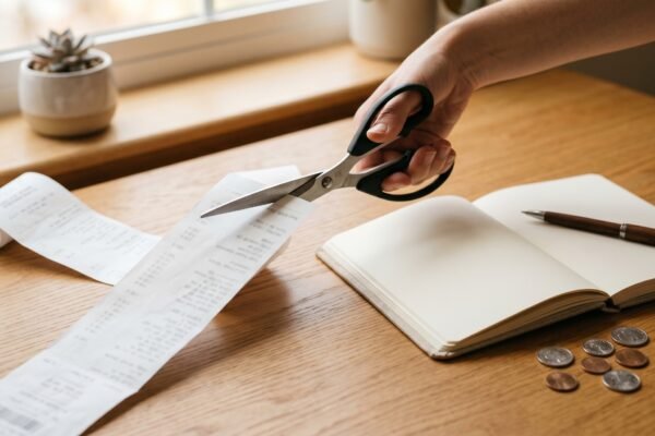 Scissors cutting through a long paper receipt beside a notebook and coins, cutting monthly expenses