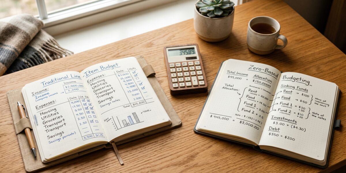 Two open notebooks with different budget layouts and a calculator between them, comparing budgeting methods