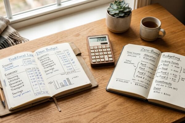 Two open notebooks with different budget layouts and a calculator between them, comparing budgeting methods